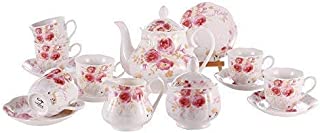 New Bone China Tea Sets 15 PCS - 6 OZ Floral Pattern Coffee Cup and Saucer for 6 with Teapot Creamer Sugar Jug for Family Gathering/Catering Use