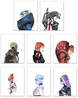 Watercolor Mass Effect Poster Prints - Set of 8 (8x10) Wall Art Decor - Female Commander Shepard - Garrus Vakarian - Liara T-Soni - Tali'Zorah - Urdnot Wrex - Mordin Solus - Legion - Thane Krios