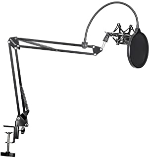 Neewer NB-35 Microphone Suspension Boom Scissor Arm Stand with Mic Clip Holder and Table Mounting Clamp & NW(B-3) Pop Filter Windscreen Mask Shield & Metal Microphone Shock Mount Kit