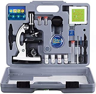 AmScope 120X-1200X 52-pcs Kids Beginner Microscope STEM Kit with Metal Body Microscope, Plastic Slides, LED Light and Carrying Box (M30-ABS-KT2-W)