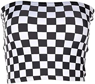 Women Black and White Plaid Sexy Strapless Tube Top