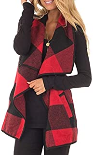 Womens Casual Lapel Open Front Plaid Vest Cardigan Coat with Pockets