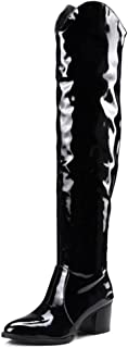 Women's Low Block Heel Pointy Toe Patent Leather Thigh High Over The Knee Boots