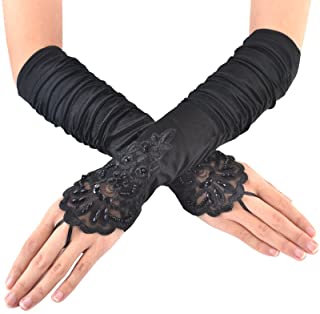 Women Fingerless Gathered Lace Sequins Satin Bridal Party Gloves