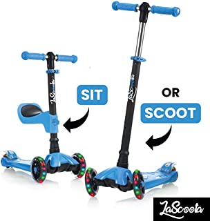 Lascoota 2-in-1 Kick Scooter with Removable Seat Great for Kids & Toddlers Girls or Boys – Adjustable Height w/Extra-Wide Deck PU Flashing Wheels for Children from 2 to 14 Year-Old