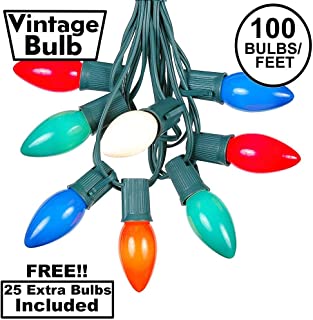 100 Foot C9 Multi Ceramic Christmas String Light Set - Outdoor Christmas Light String - Christmas Tree Lights – Opaque Christmas Bulbs - Roofline Light String – Outdoor String Lights - Green Wire