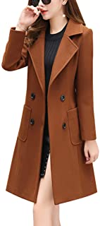 Women Elegant Notched Collar Double Breasted Wool Blend Over Coat