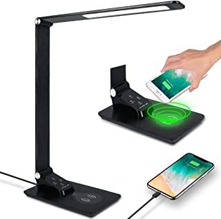 Donewin LED Desk Lamp with USB Port,Premium Metal Office Light with Wireless Charger,Eye-caring Desk Lamp for Officer/Worker,Touch Control,Memory Function,3 Lighting Modes&5 Brightness Levels,7W,Black