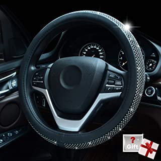 Alusbell Bling Bling Rhinestones Steering Wheel Cover for Women Diamand Crystal Steering Wheel Cover with PU Leather Universal Fit 15 Inch (Black)