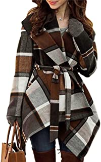 Women's Turn Down Shawl Collar Earth Tone Check/Black White Grid/Black/Plum/Cream/Pink Wool Blend Coat