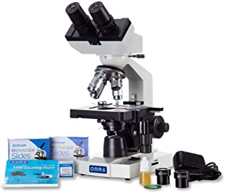 Awarded 2018 Best Compound Microscope - OMAX 40X-2000X Lab LED Binocular Microscope with Double Layer Mechanical Stage w Blank Slides Covers and Lens Cleaning Paper