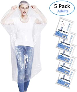Emergency Rain Ponchos for Adults, Disposable Drawstring Hood Poncho for Outdoors, Theme Parks, Hiking, Camping, School Sporting Corporate Events Group Activity - 5 Pack, Clear