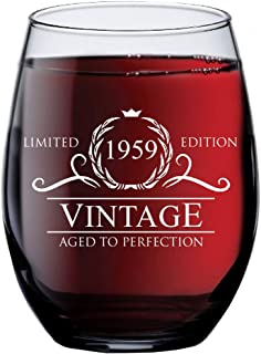 1959 60th Birthday Gifts for Women and Men Wine Glass | Funny Vintage 60 Year Old Presents | Best Anniversary Gift Ideas Him Her Husband Wife Mom Dad | 15 oz Stemless Glasses | Party Decorations Wines