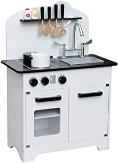 Pidoko Kids Wooden Toy Kitchen, White /Black Limited Edition - Includes Accessories