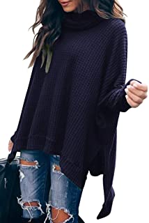 Women Turtlenck Batwing Sleeve High Low Hem Side Slit Waffle Knit Casual Loose Oversized Pullover Sweater Tunic Tops