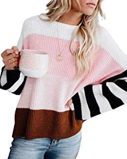 Womens Casual Crew Neck Color Block Oversized Lightweight Sweater Long Sleeve Knit Pullover Jumper Tops