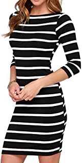 Women's 3/4 Sleeve White Black Striped Mini Bodycon Dress Wear to Work Casual Party Pencil Dresses