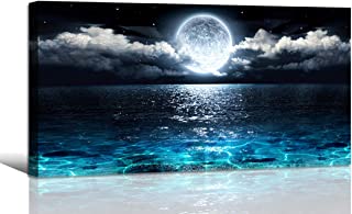 Wall Art Moon Sea Ocean Landscape Picture Canvas Wall Art Print Paintings Modern Artwork for Living Room Wall Decor and Home Décor Framed Ready to Hang,2cm Thick Frame, Waterproof Artwork.