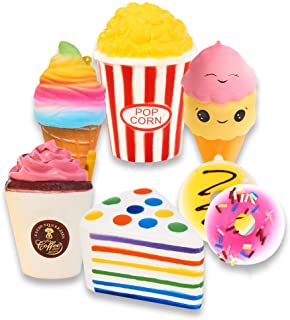 Slow Rising Jumbo SQUISHIES Set Pack of 7 - Rainbow Triangle Cake, Frappuccino, Popcorn, Donuts X2 & Ice Cream X2, Kawaii Squishy Toys or Stress Relief Toys Plus Bonus Sticker Come with The Squishys