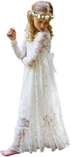 Fancy Ivory White Lace Flower Girl Dress Boho Rustic First Communion Gowns