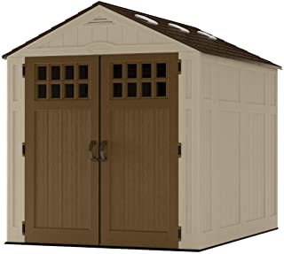 Suncast 6' x 8' Everett Vertical Storage Shed - Outdoor Storage for Backyard Tools and Accessories - All-Weather Resin Material, Transom Windows and Shingle Style Roof - Wood Grain Texture
