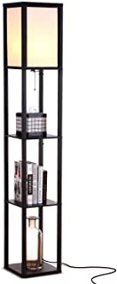 Brightech Maxwell - LED Shelf Floor Lamp - Modern Standing Light for Living Rooms & Bedrooms - Asian Wooden Frame with Open Box Display Shelves - Black