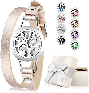 Romanda Essential Oil Diffuser Bracelet, Aromatherapy Bracelet Jewelry Stainless Steel Locket Leather Band with 8pcs Washable Refill Pads Birthday Gifts for Women,Girlfriend, Mother,Sister,Aunt.