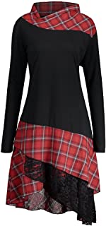 Women's Plus Size Mock Neck Lace Plaid Panel Long Top Blouses