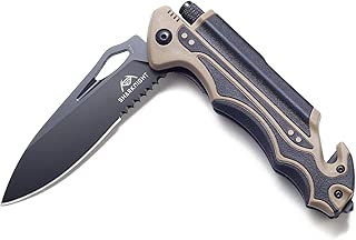 Sharknight Survival Knife, 5-in-1 Pocket Folding Knife with AUS-8 Blade Ball Bearing Pivot System LED Light Magnesium Fire Starter Seatbelt Cutter Glass Breaker