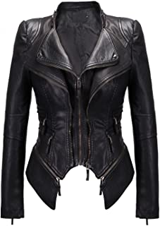 chouyatou Women's Fashion Studded Perfectly Shaping Faux Leather Biker Jacket