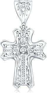 Sterling Silver .925 Large Cross Pendant with Princess-Cut Cubic Zirconia CZ Stones, Large Bail to Accommodate Wide Chains, Hand Polished, Platinum Plated, Appears Identical to Platinum or White Gold
