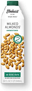 Elmhurst Milked - Unsweetened Almond Milk - 32 Fluid Ounces (Pack of 6) Only 2 Ingredients, 4X the Protein, Non Dairy, Keto Friendly, No Added Sugar, Vegan