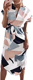 ECOWISH Womens Dresses Summer Casual V-Neck Floral Print Geometric Pattern Belted Dress