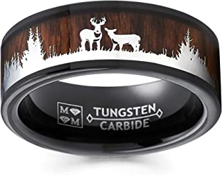Men's Black Tungsten Hunting Ring Wedding Band Wood Inlay Deer Stag Silhouette