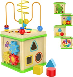 TOP BRIGHT Wooden Activity Cube - 1 Year Old Shape Shorter Bead Maze Toy Educational Baby Gifts for One Year Old Boys and Girls Small Size