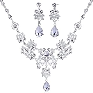 Dxhycc Silver Alloy Rhinestone Earrings Crystal Pendant Necklace Bridal Jewelry Set (White)