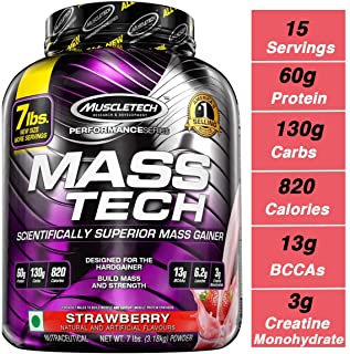 MuscleTech Mass Tech Mass Gainer Protein Powder, Build Muscle Size & Strength with High-Density Clean Calories, Strawberry, 7lbs (3.2kg)