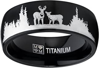Men's Black Outdoor Hunting Titanium Ring Wedding Band with Laser Etched Deer Stag Scene 8mm
