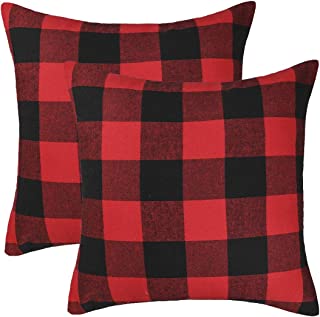 4TH Emotion Set of 2 Christmas Buffalo Check Plaid Throw Pillow Covers Cushion Case Cotton Polyester for Farmhouse Home Decor Red and Black, 22 x 22 Inches