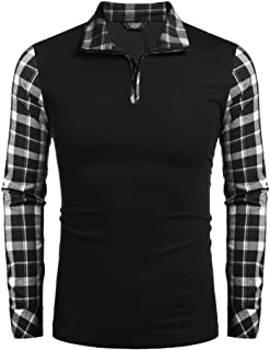 Men's Long Sleeve Polo Shirts Casual Slim Fit Zipper Plaid Polo T Shirts