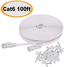 Cat 6 Ethernet Cable 100 ft Flat White, Slim Long Internet Network Lan patch cords, Solid Cat6 High Speed Computer wire with clips & Rj45 Connectors for Router, modem, faster than Cat5e/Cat5, 100 feet