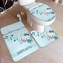 Bathroom Rug Set 3 Piece, Stylish Music Hello Kitty Print, Non Slip Bath Mat + U-Shaped Contour Rug + Toilet Lid Cover
