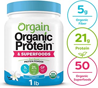 Orgain Organic Plant Based Protein + Superfoods Powder, Vanilla Bean - Vegan, Non Dairy, Lactose Free, No Sugar Added, Gluten Free, Soy Free, Non-GMO, 1.12 lb