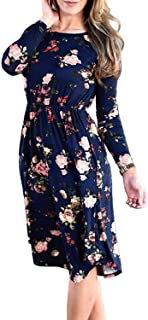 Women's Long Sleeve Floral Pockets Casual Swing Pleated T-Shirt Dress