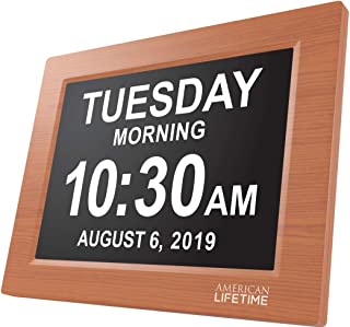 American Lifetime [Newest Version] Day Clock - Extra Large Impaired Vision Digital Clock with Battery Backup & 5 Alarm Options (Brown Wood Color)