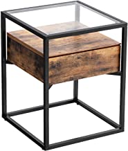 VASAGLE Industrial Side Table, Nightstand, Tempered Glass End Table, with Drawer and Rustic Shelf, Decoration in Living Room, Lounge, Stable Iron Frame ULET04BX