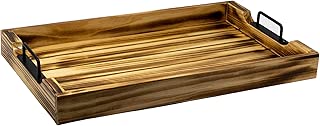 Rustic Light Torched Wooden Serving Tray 20 Inch with Strong Black Metal Handles-Decorative and Antique Large Wood Serving Trays for Breakfast/Coffee/Dinner/Table - Food/Tea Serving Tray