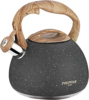 Poliviar Tea Kettle, 2.7 Quart Natural Stone Finish with Wood Pattern Handle Loud Whistle Food Grade Stainless Steel Teapot, Anti-Hot Handle and Anti-Rust, Suitable for All Heat Sources (JX2018-GR20)