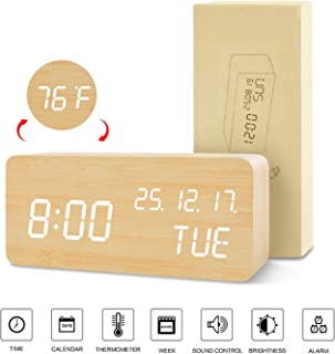 BlaCOG Digital Alarm Clock with Wooden Desk LED Time, Week, Date/Month/Year and Temperature Display, Battery/USB Powered, 3 Alarm Settings, Adjustable Brightness Bamboo/White