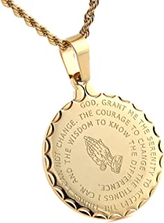 Bible Verse Prayer Necklace Christian Jewelry Gold Stainless Steel Praying Hands Coin Medal Pendant